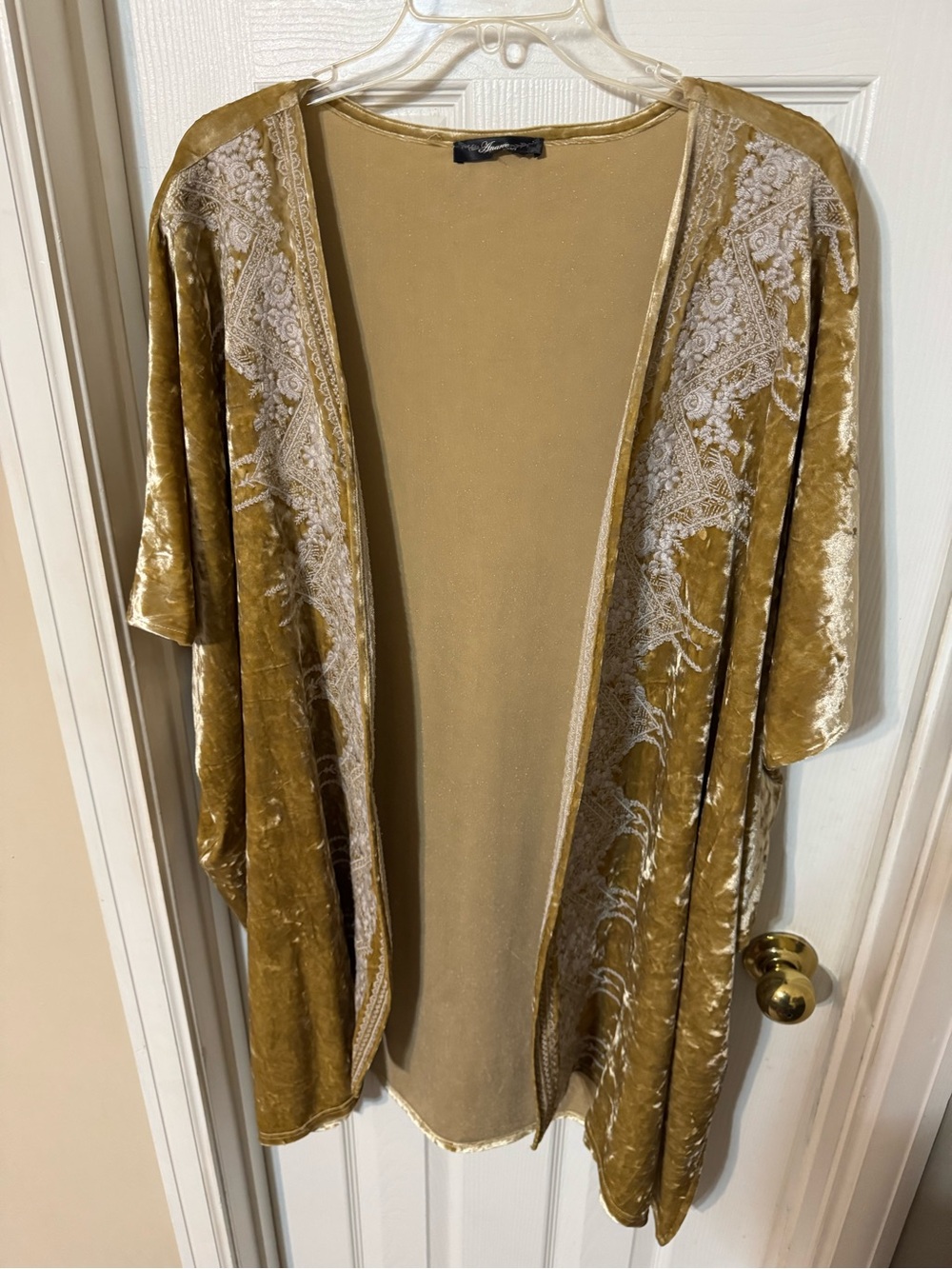 Velvet Embroidered Open Kimono - Mustard Gold